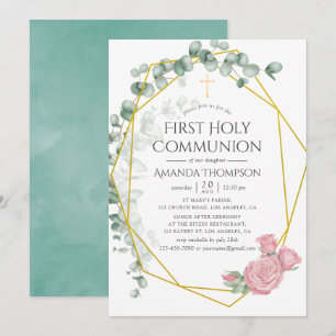 Invitation Première sainte communion géométrique Rose Eucalyp