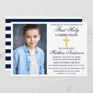 Invitation Première Sainte Communion Marine Croix Bleue Or St