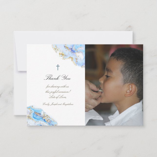 Invitation Première Sainte Communion merci marbre bleu rose (Devant)