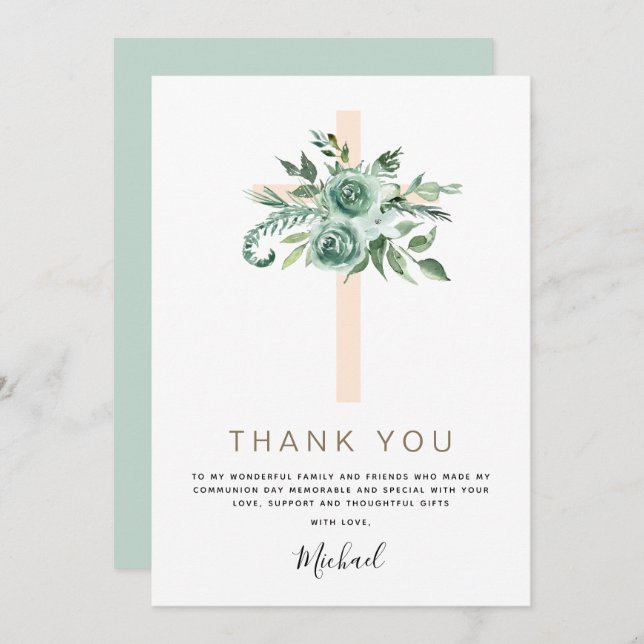 Invitation Première Sainte Communion Merci Sage Eucalyptus (Devant / Derrière)