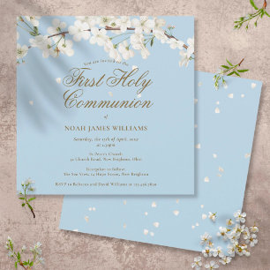 Invitation Première Sainte Communion Moderne Bleue Fleur Blan