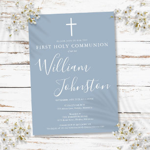 Invitation Première Sainte Communion Moderne Dusty Blue
