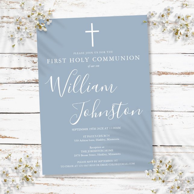 Invitation Première Sainte Communion Moderne Dusty Blue (First Holy Communion Modern Dusty Blue Invitation)