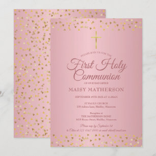 Invitation Première Sainte Communion Moderne Rose Coeurs d'or