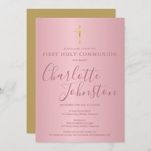Invitation Première Sainte Communion moderne Script Rose or