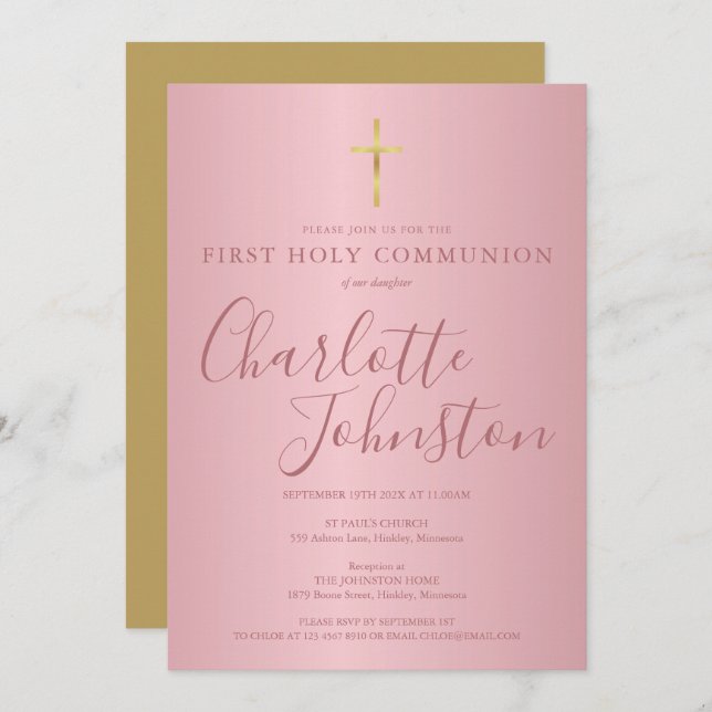 Invitation Première Sainte Communion moderne Script Rose or (Devant / Derrière)