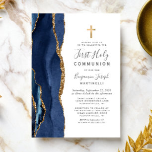 Invitation Première Sainte Communion Paillettes d'Or Agate Bl