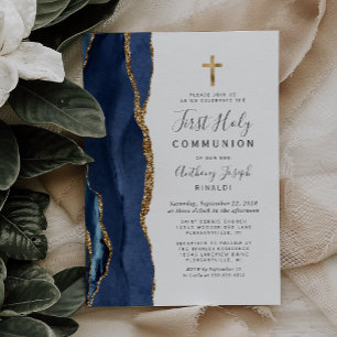 Invitation Première Sainte Communion Paillettes Or Agate Bleu