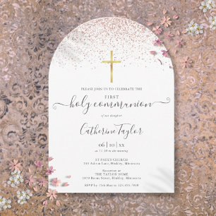 Invitation Première Sainte Communion Paillettes Or Rose Moder