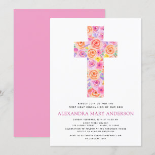 Invitation Première Sainte Communion Pastel Floral Rose