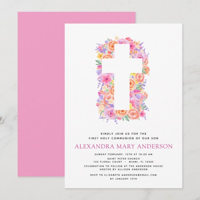 Invitation Première Sainte Communion Pastel Floral Rose (Devant / Derrière)