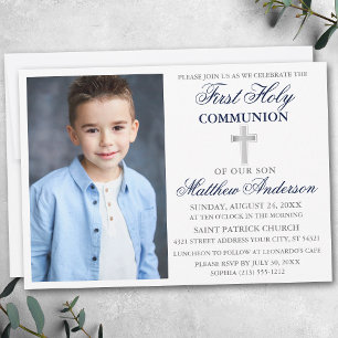 Invitation Première Sainte Communion Photo Marine bleu et arg