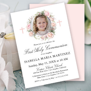 Invitation Première Sainte Communion Photo Rose Rose Floral