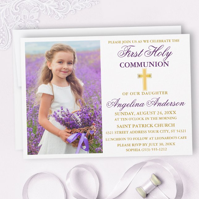 Invitation Première Sainte Communion Purple Gold Photo (Créateur téléchargé)