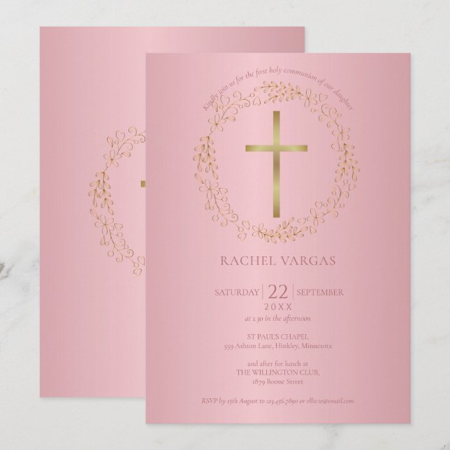 Invitation Première Sainte Communion Rose Croix d'or Floral (Devant / Derrière)