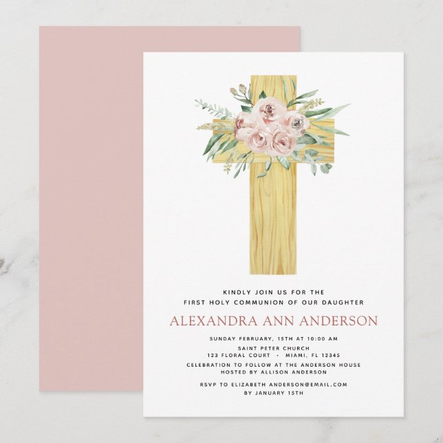 Invitation Première Sainte Communion Rose Dusty Rose verte (Devant / Derrière)