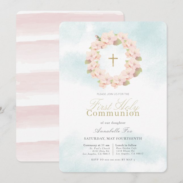 Invitation Première sainte communion rose Fleur de cerisier (Devant / Derrière)