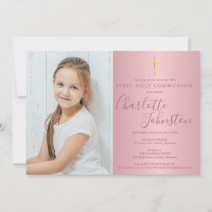 Invitation Première Sainte Communion Rose Gold Script Photo