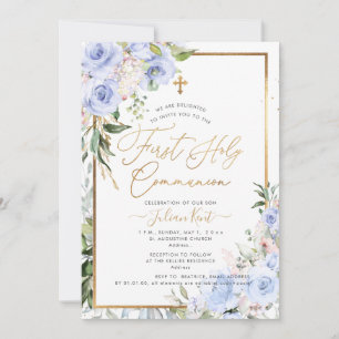 Invitation Première Sainte Communion Roses Bleues H2 PixDezin
