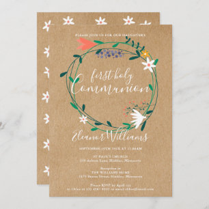 Invitation Première Sainte Communion Rustique Moderne Floral