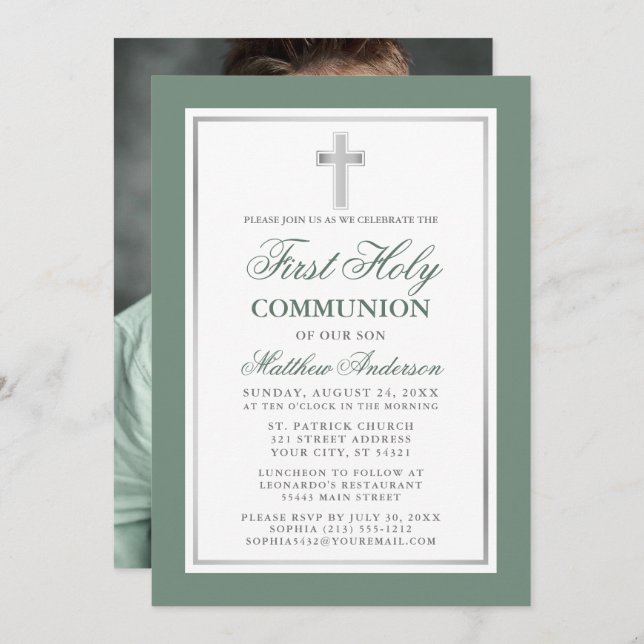 Invitation Première Sainte Communion Sage Green Silver Photo (Devant / Derrière)