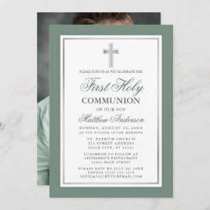 Invitation Première Sainte Communion Sage Green Silver Photo