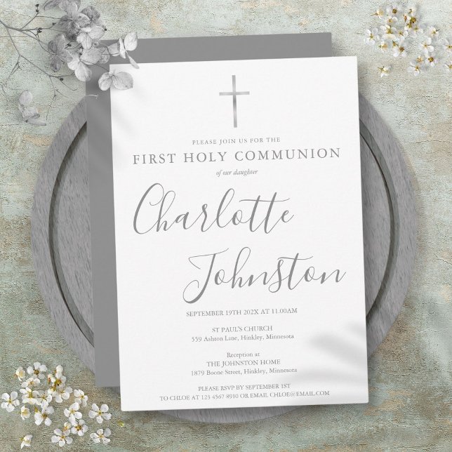 Invitation Première Sainte Communion Signature moderne Argent (First Holy Communion Modern Silver Signature Invitation)
