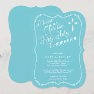 Invitation Première Sainte Communion Tag Cadre et Croix, Bleu