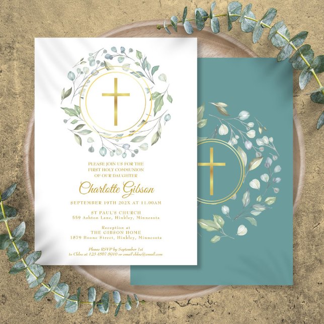 Invitation Première Sainte Communion Verdure Croix Dorée (First Holy Communion Greenery Gold Cross Invitation)
