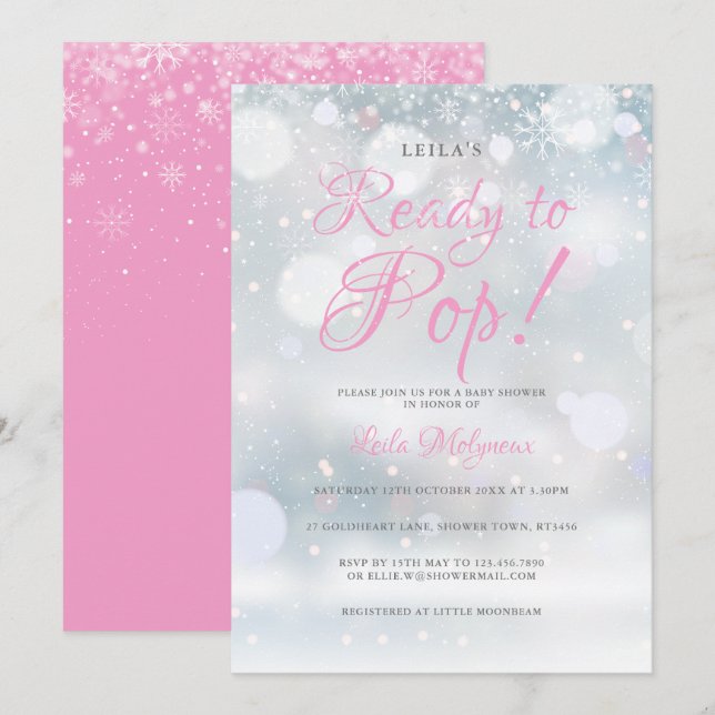 Invitation Premiers flocons de neige rose prêt à pop Baby sho (Devant / Derrière)