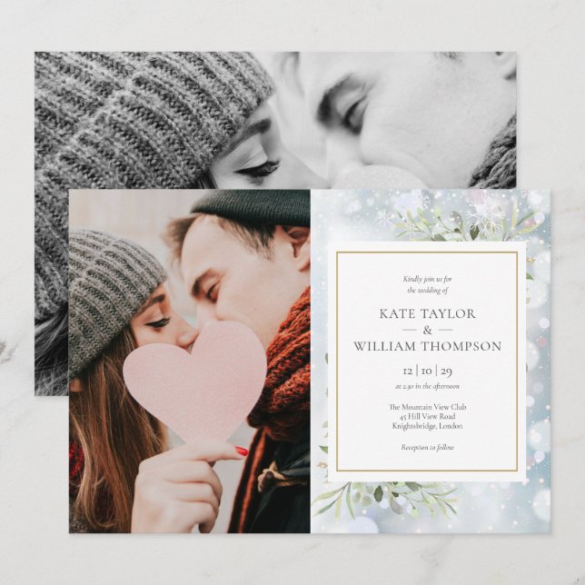 Invitation Premiers Snowflakes Photos Verdure Mariage d'hiver (Devant / Derrière)