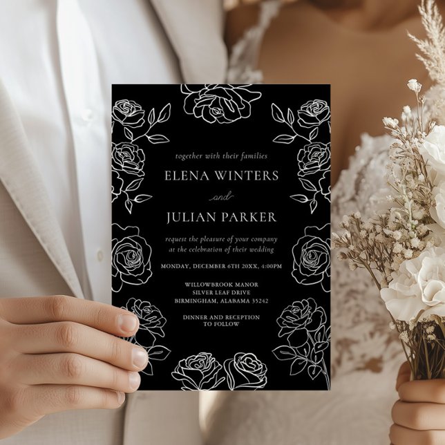Invitation Premium Black And White French Roses Wedding (Créateur téléchargé)