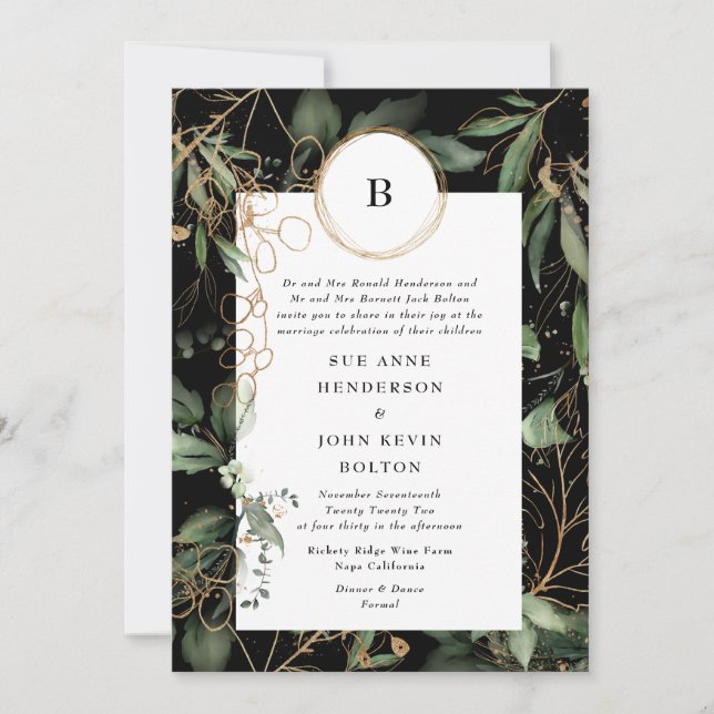 Invitation Premium Black Gold Monogramme Botanique Eucalyptus (Devant)