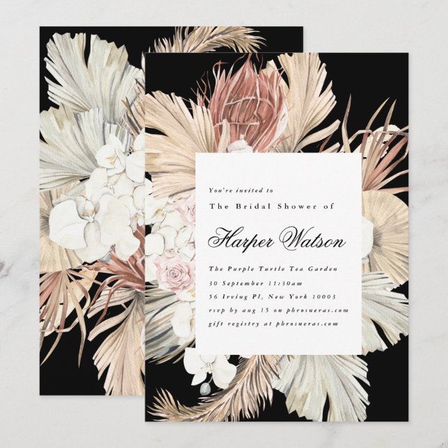 Invitation Premium Black Onyx Élégante Pampas Romantique Mari (Devant / Derrière)