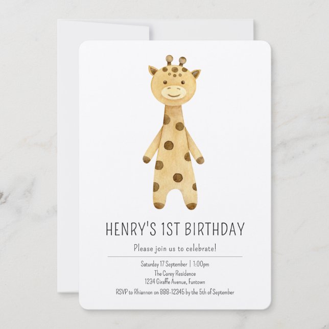 Invitation Premium, Cute Giraffe enfants 1er anniversaire Inv (Devant)