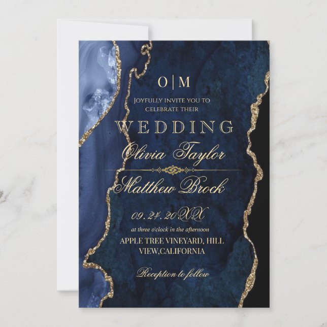 Invitation Premium Moderne Moody Mariage bleu et or (Devant)