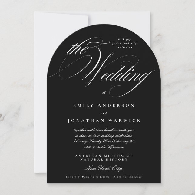 Invitation Premium Onyx Élégante calligraphie L'arc Mariage (Devant)