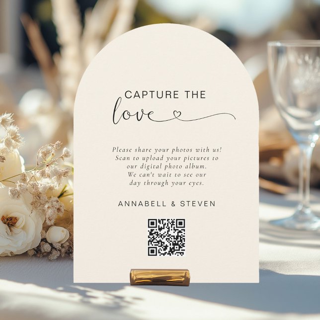 Invitation Prenez l'amour ! Mariage QR personnalisé (Capture the love! Photo, Heart-QR-Code, Wedding Table Card, Beige.)