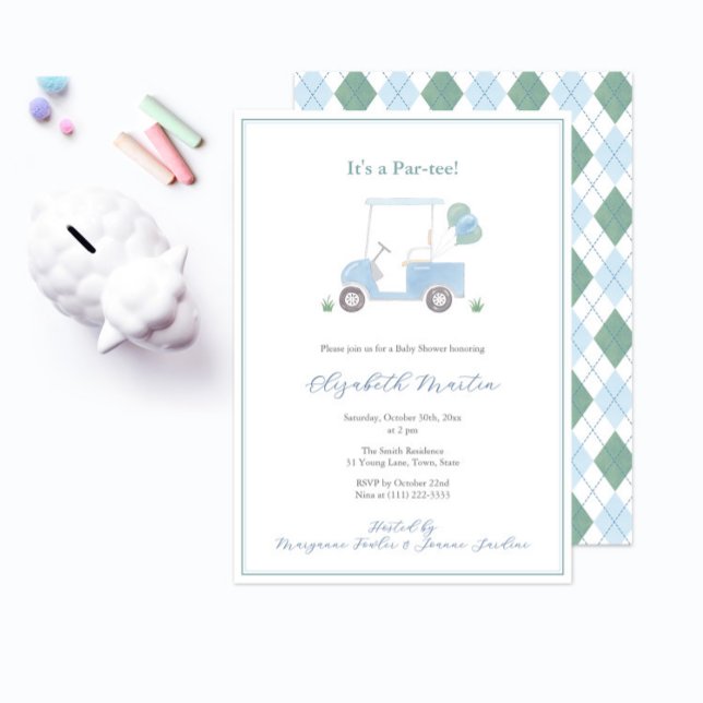 Invitation Preppy Blue Green Golf Panier Baby Boy Douche (it's a golf theme baby shower par-tee with pale blue golf cart and blue green diamond argyle pattern)