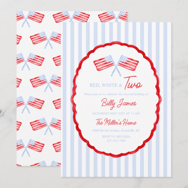 Invitation Preppy Boys Red White & Two Patriotic Birthday (Devant / Derrière)