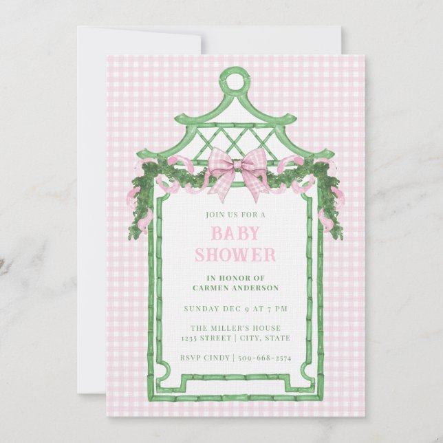 Invitation Preppy Chinoiserie Pagoda Baby shower de Noël (Devant)