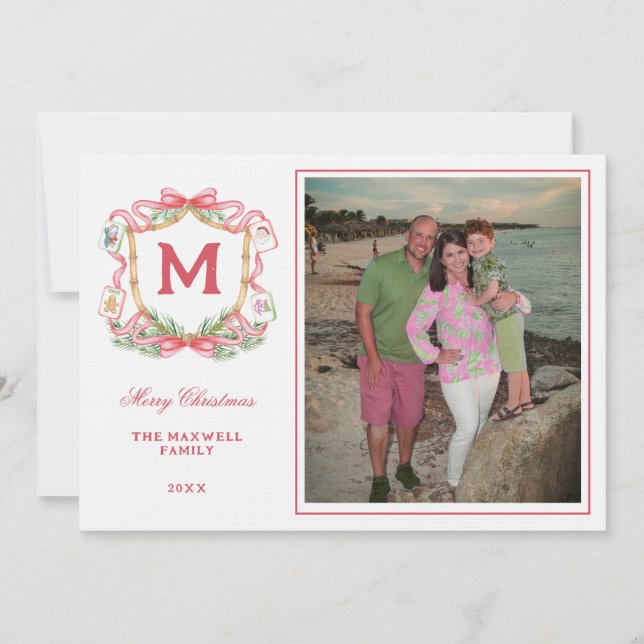 Invitation Preppy Christmas Mahjong | Monogram  Photo Card (Devant)