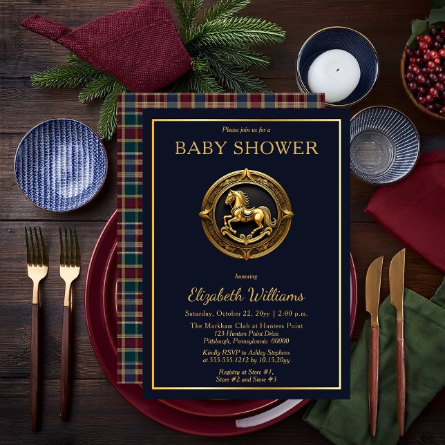 Invitation Preppy Equestriy Horse Plaid Baby shower (Charming Preppy Equestrian Gold Tone Rocking Horse on Navy Blue with Plaid Boy Baby Shower Invite)