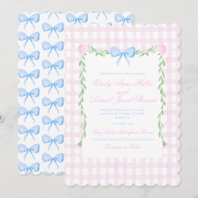 Invitation Preppy Floral Aquarelle Bow Mariage (Devant / Derrière)