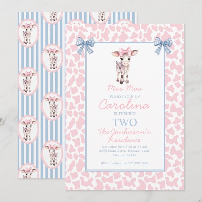 Invitation Preppy Grandmillennial Cute Cow Moo Moo Anniversai (Devant / Derrière)