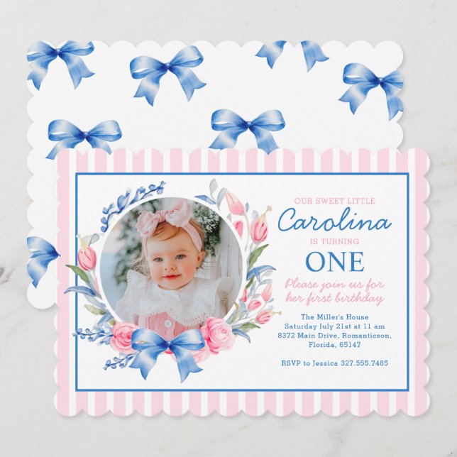 Invitation Preppy Grandmillennial Preppy Floral Blue Bows (Devant / Derrière)