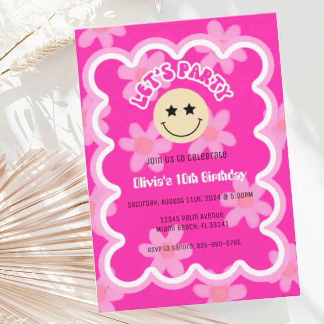 Invitation Preppy Hot rose Y2K Joyeux Visage fête Anniversair (Créateur téléchargé)