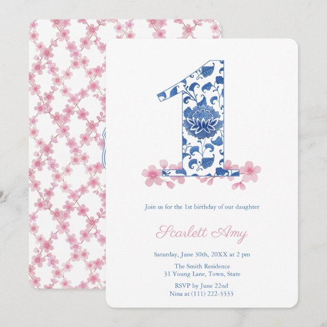 Invitation Preppy Monogramme Fille 1er anniversaire (Devant / Derrière)