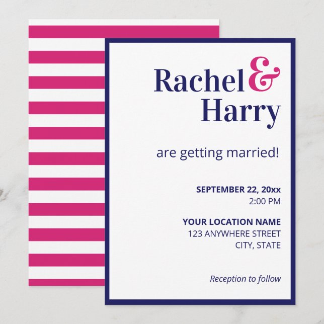Invitation Preppy Navy Bleu Bordure et Hot Rose Stripes Maria (Devant / Derrière)