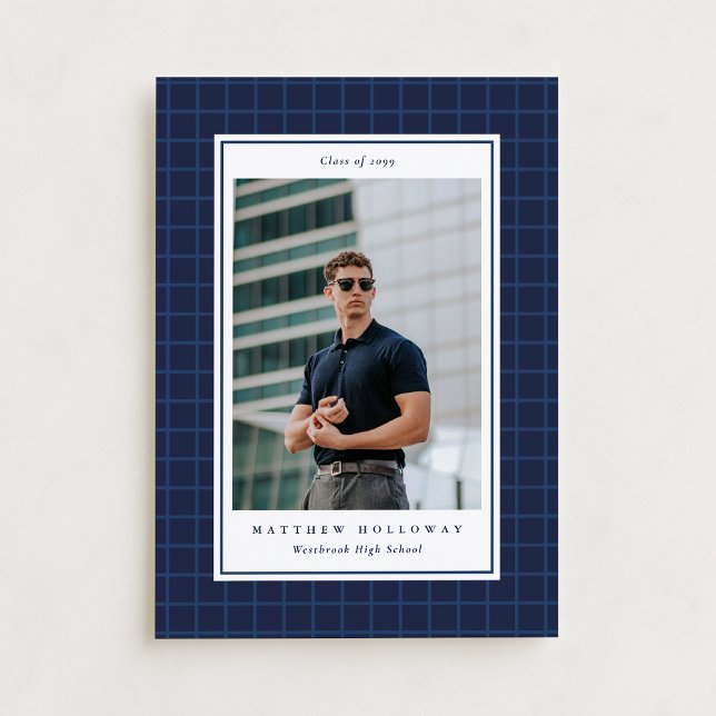 Invitation Preppy Navy Grid One Photo Graduation Announcement (Créateur téléchargé)